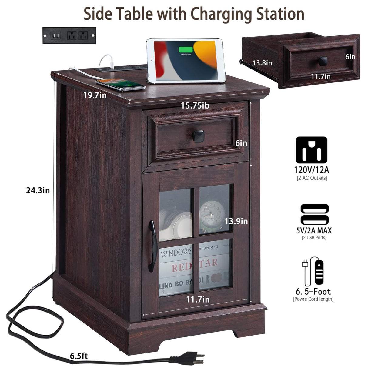 KHLJJU Farmhouse XXL End Table with Charging Station, Side Table with USB Ports and Outlets, Nightstand with Drawer and Glass Door Storage, Cherry Bedside Tables for Living Room, Bedroom, Office KHLJJU