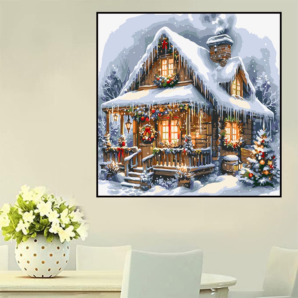igoodom Christmas Paint by Numbers Kit for Adults – Winter Snow House Adult Paint-by-Number on Canvas, DIY Acrylic Painting Set for Home Decor Gift, 16x16inch igoodom