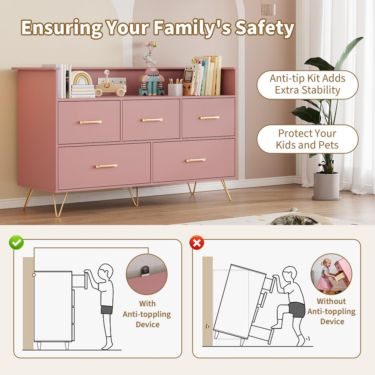 Patikuin Pink Dresser for Bedroom, 47" Wide Chest of Drawers with LED Lights, Charging Station & 5 Smooth-Sliding Drawers, Modern Wood Storage Cabinet for Entryway, Hallway, Living Room Patikuin