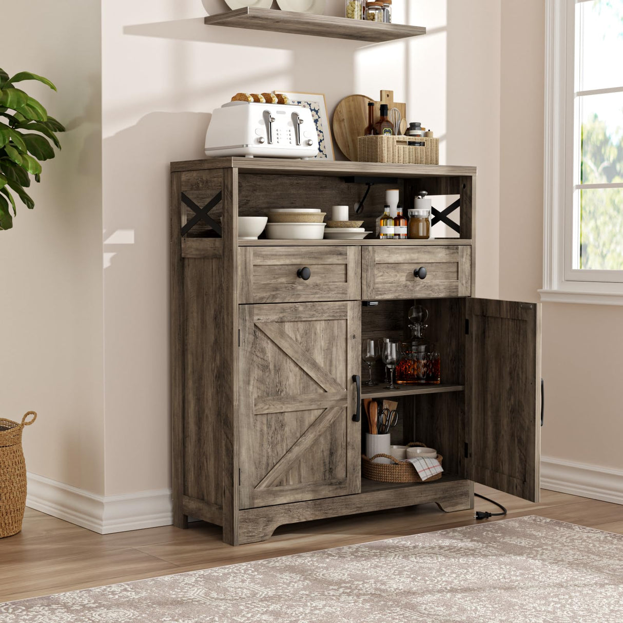 31.5" Rustic Grey Farmhouse Storage Cabinet with Barn Doors and Drawers, Sideboard Buffet Cabinet with Storage, Kitchen Pantry Hutch Cabinet, Coffee Bar Station Table for Kitchen, Livingroom, Bathroom FiveWillowise