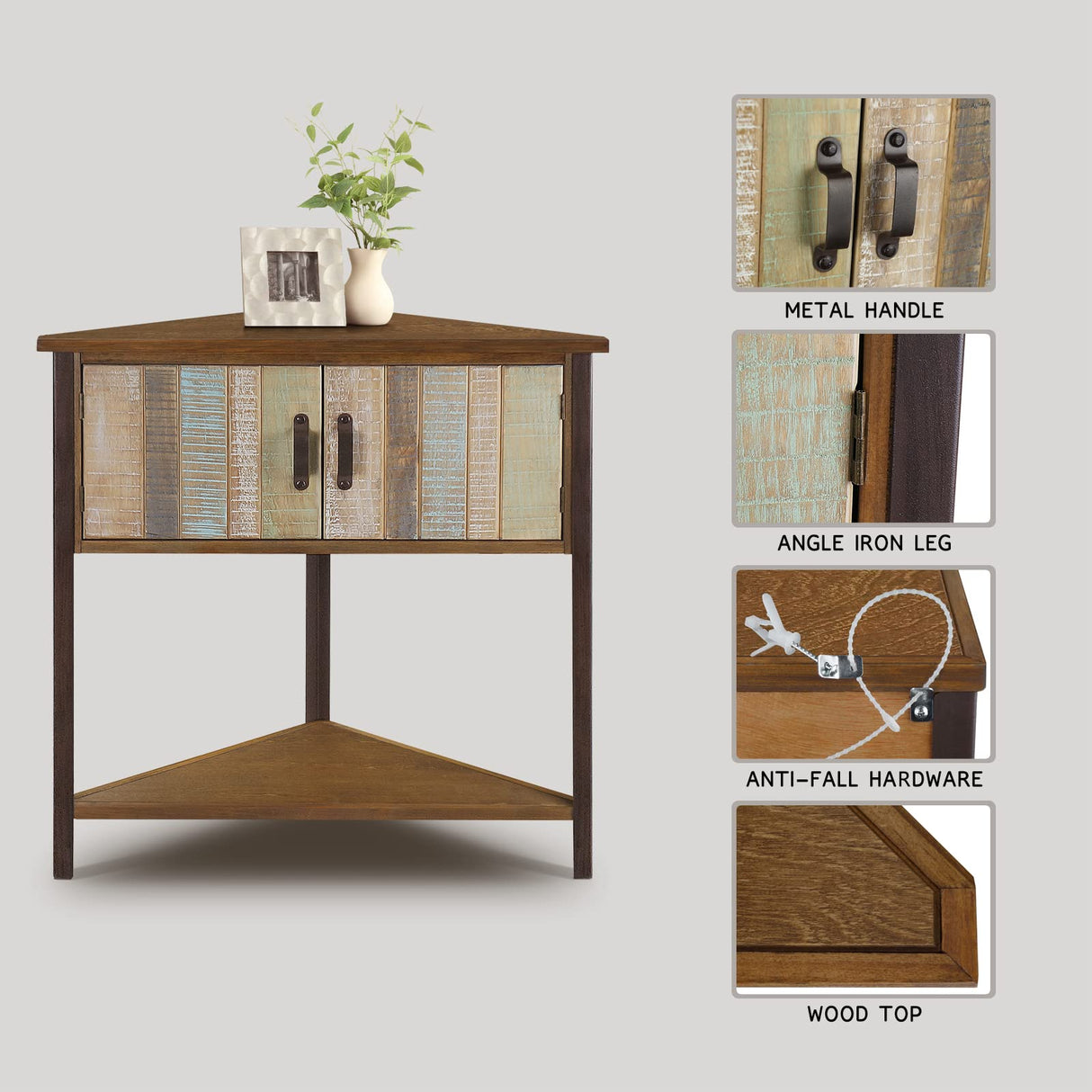 Giofanzo Corner Tables for Living Room, Small Corner Table with Storage Cabinet Table Corner Bar Accent Cabinet with Solid Wood and Metal Frame, Hand-Made Unique Corner Table(Natural Blue) Giofanzo