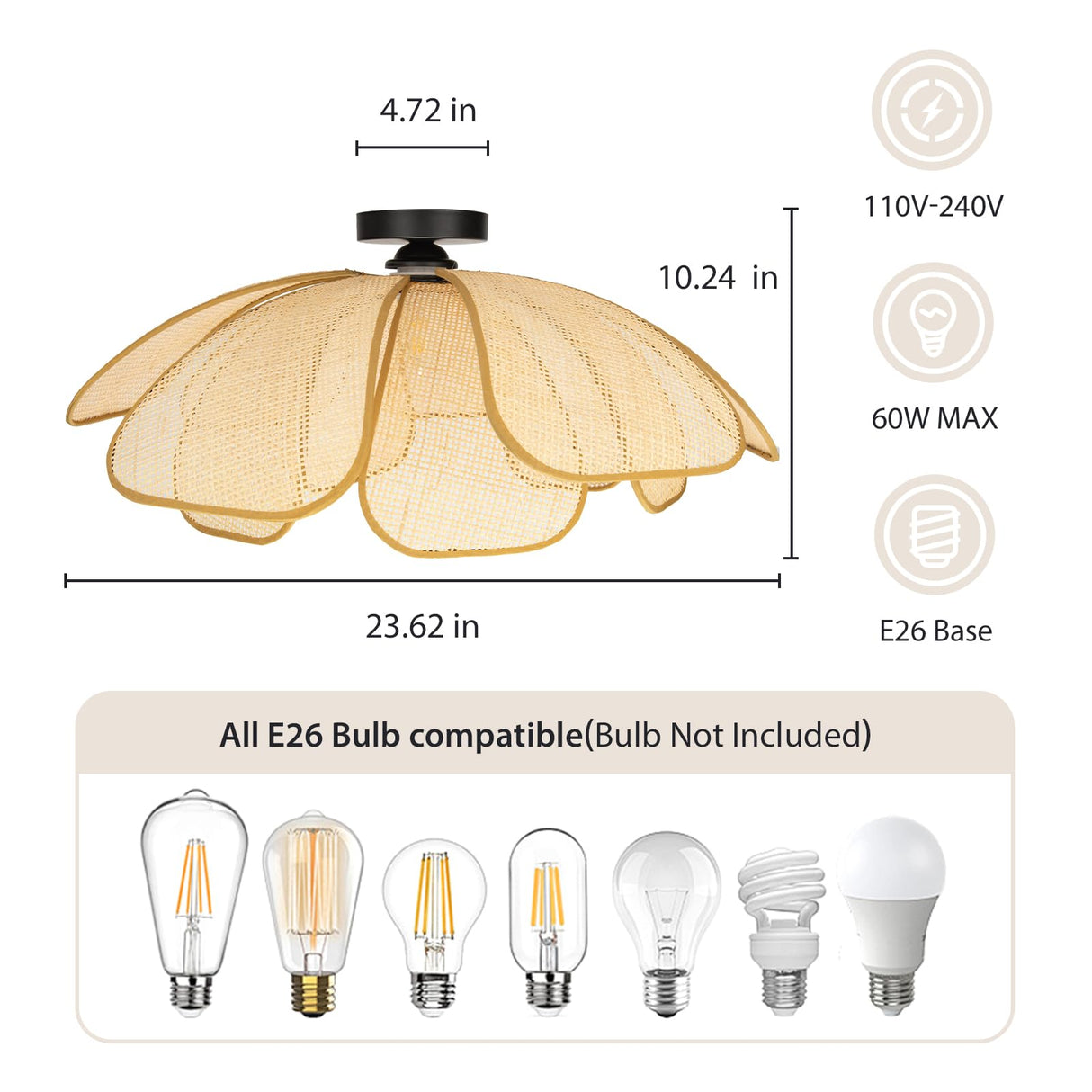 GloMuse Rattan Ceiling Light Rustic Chandelier Boho Pendant Light Wicker Light Fixture Hand-Woven Rattan Hanging Lamp Boho Lamp for Hallway Entryway Kitchen Island Dining Room Bedroom GloMuse