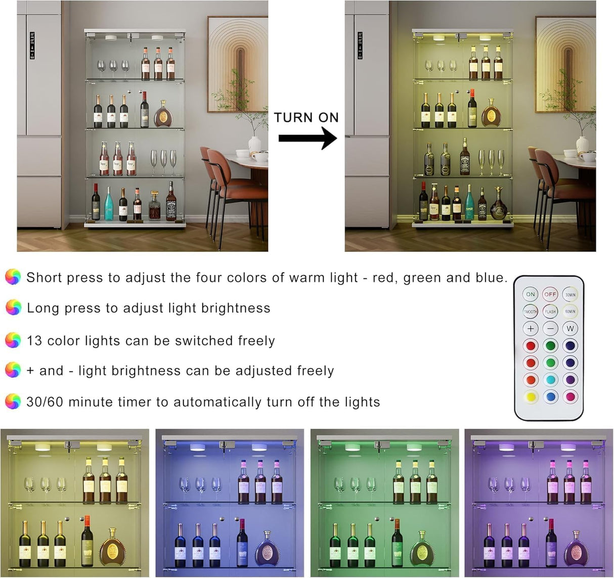 Maotifeys 64" Glass Cabinet, 4 Shelves Glass Display Cabinet with LED Lights, Glass Storage Cabinet with 2 Doors, Curio Cabinet Toy Organizers Rack, Display Shelf, Kids Bookshelf for Bedroom, White Maotifeys