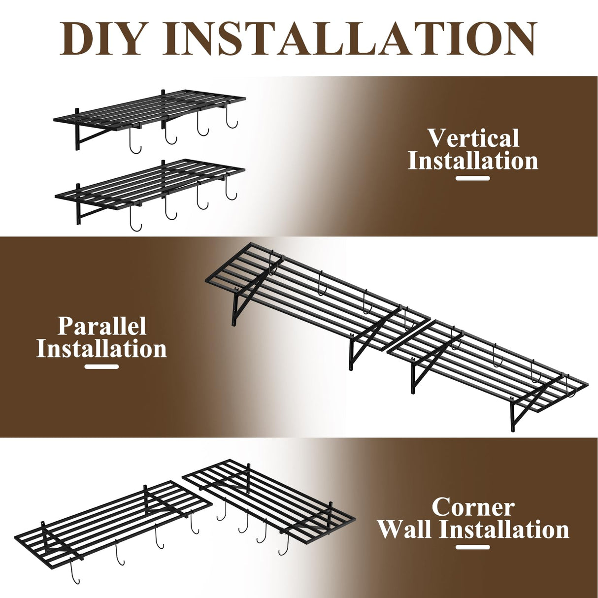 PEKGRIL Garage Wall Shelving Set of 2, 1.5X4 ft Garage Wall Shelves with 8 Hooks, Heavy Duty Wall Mounted Storage Shelf, Loads 260 lbs Each Metal Wall Shelf, Black PEKGRIL