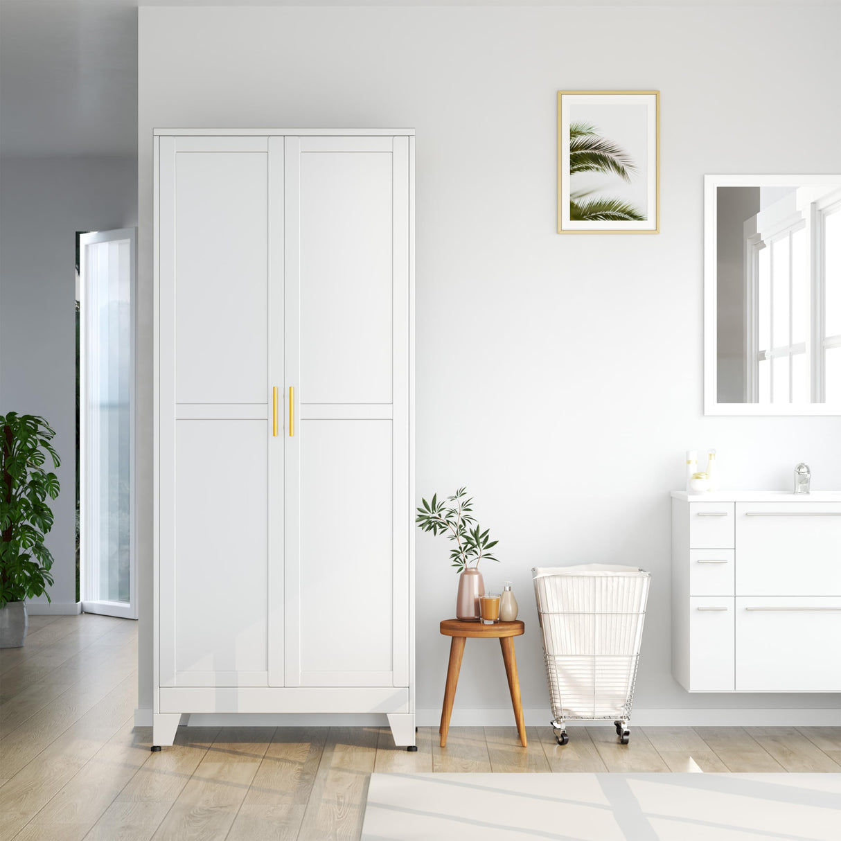 PAOFIN Kitchen Pantry Storage Cabinet with Doors and Adjustable Shelves, Metal ClosetMaid Food Pantry Cabinets, 75" Tall Freestanding Cupboard for Kitchen, Laundry or Utility Room, White PAOFIN