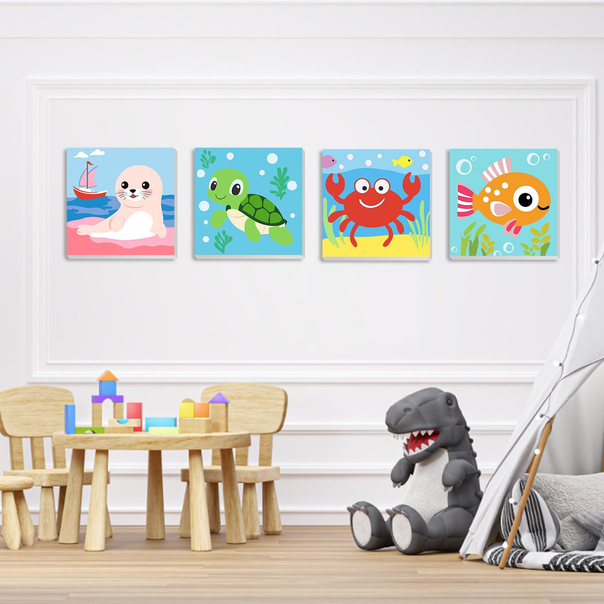 QENSPE Framed 4 Pack Paint by Numbers Kit for Kids,Cute Sea Animals Kids Paint by Number Ages 8-12,Crab and Fish DIY Acrylic Oil Painting Arts on Canvas for Children Beginner,Home Wall Decor (8x8inch) QENSPE