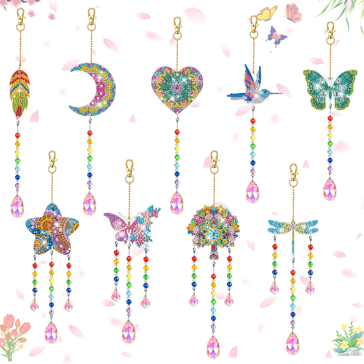 Thyle 9 Pcs Diamonds Painting Suncatcher Kit Wind Chimes DIY Diamond Kits Diamond Art Sun Catchers for Adults DIY Crafts Garden Home Decor Crystal Hanging Ornaments, 9 Styles Thyle