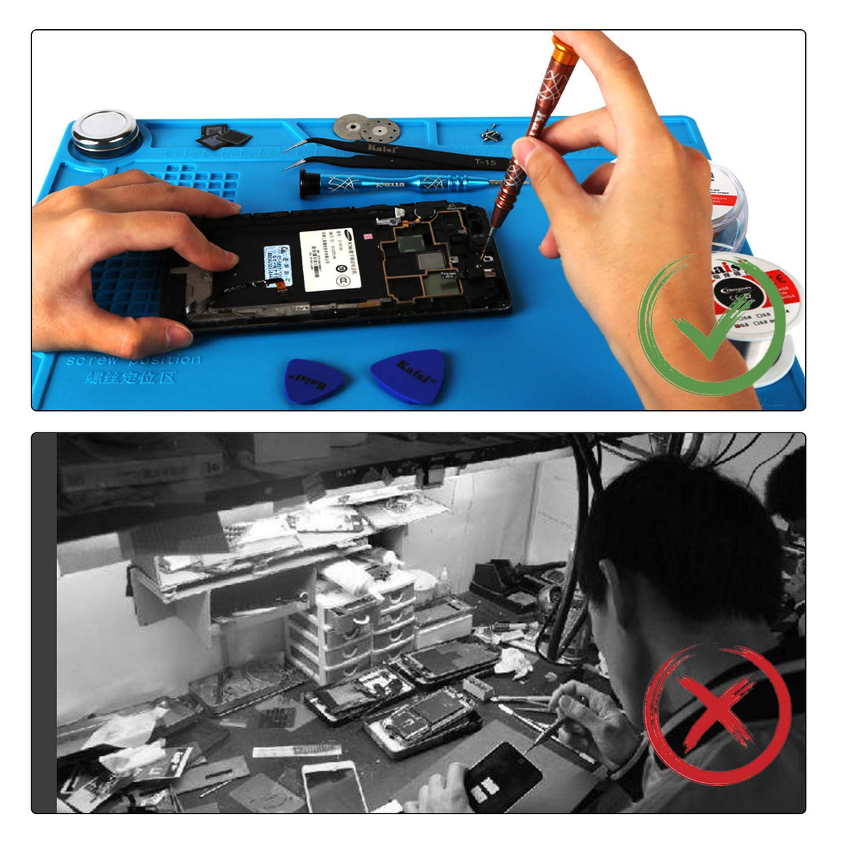 Kaisi S-130 Insulation Silicone Soldering Mat Repair Mat, Heat Resistant Silicone Work Mat 932°F with Scale Ruler and Screw Position for Soldering, CellPhone Electronics Repair, Size: 13.8 x 9.8 inch Kaisi