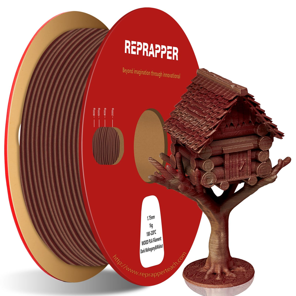 Reprapper Wood PLA, Wood Dual Color PLA Filament 1.75mm, 3D Printer Filament with Real Wood Fiber, Dark Mahogany/Walnut, 1000g RepRapper