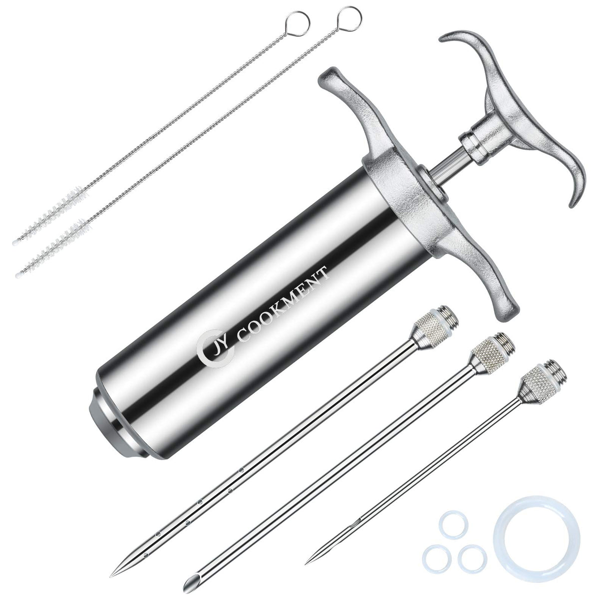 JY COOKMENT Meat Injector Syringe 2-oz Marinade Flavor Barrel 304 Stainless Steel with 3 Professional Needles 2 Cleaning Brushes and 4 Silicone O-Rings JY COOKMENT