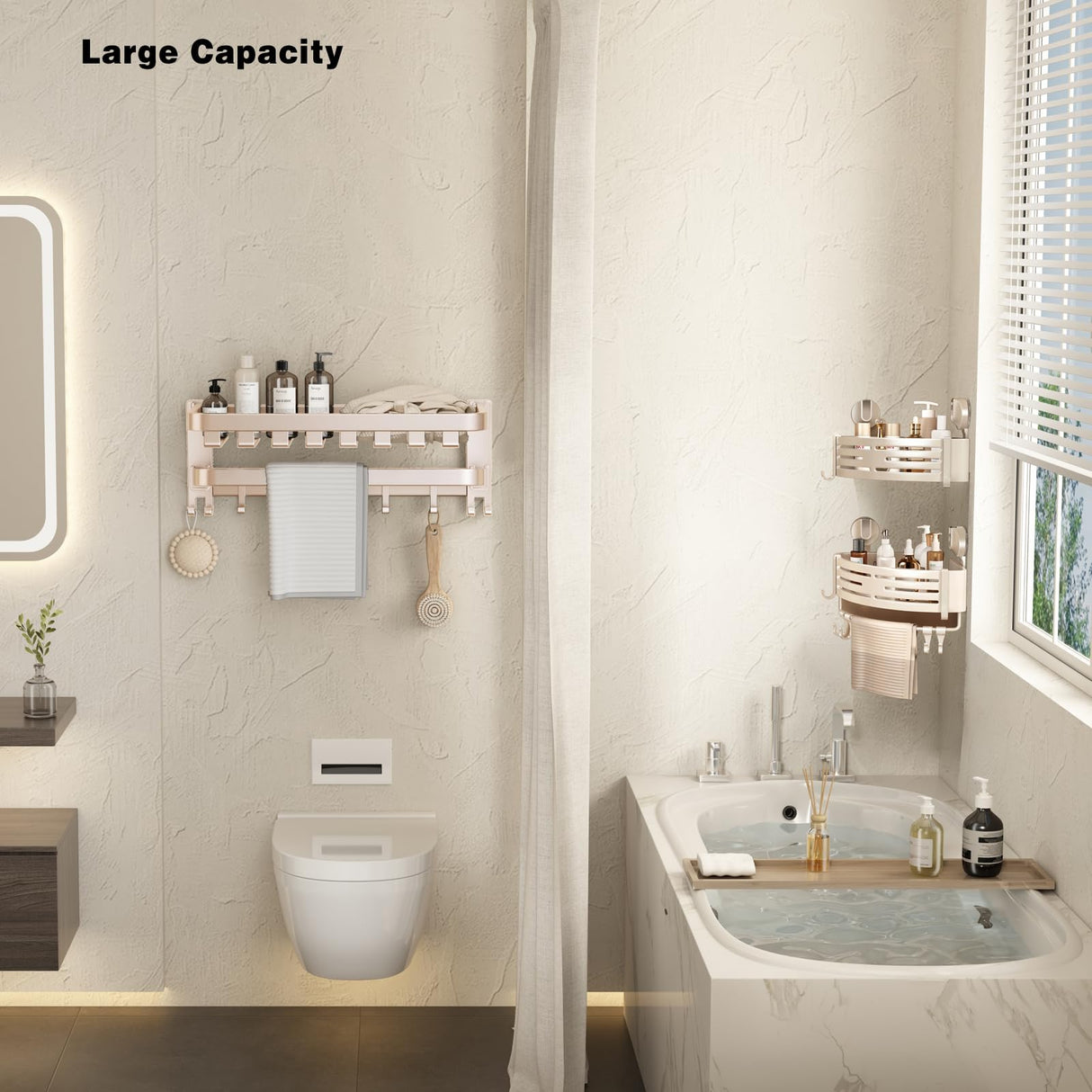 VOLPONE Corner Shower Caddy Suction Cup Shower Shelf Corner No Drilling Bathroom Shower Organizer Storage Rack Adhesive with Towel Bar Hooks(2-Pack, Ivory) VOLPONE