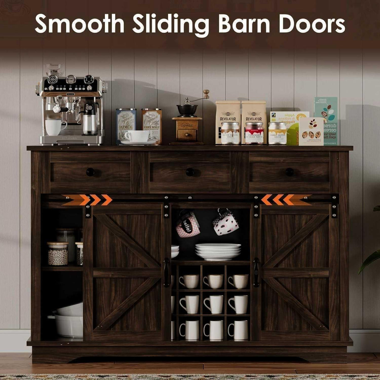 4ever2buy Farmhouse Coffee Bar Cabinet with Sliding Barn Door, Wine Bar Cabinet with Storage, 54 Inch Coffee Bar with 3 Drawers & 15 Racks, Buffet Cabinet for Living Dining Room, Kitchen, Dark Oak 4ever2buy