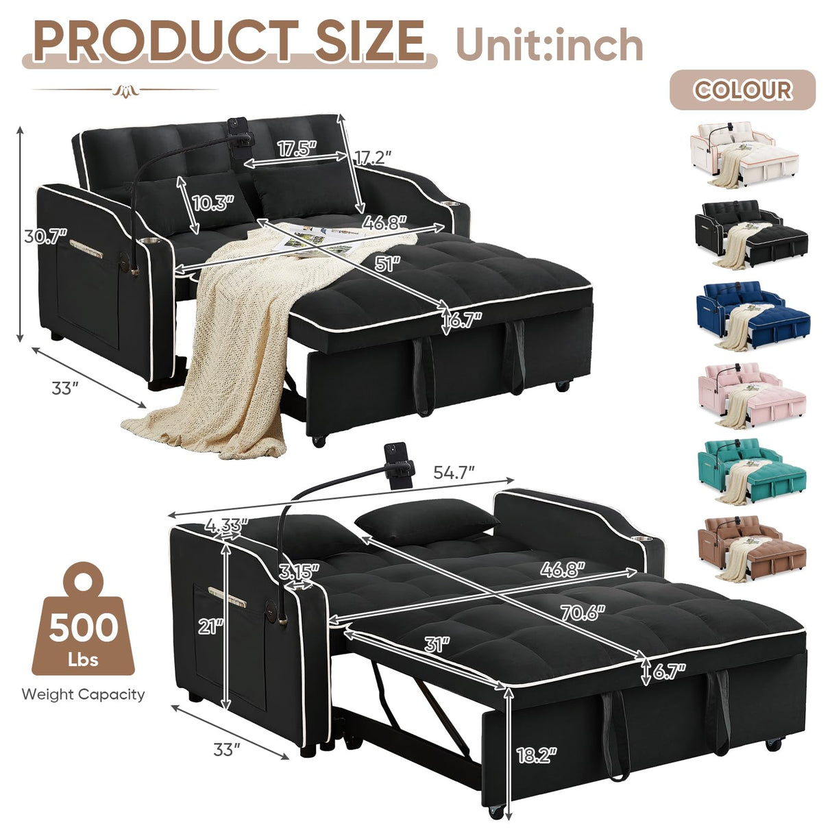 Sleeper Sofa Couch Bed with USB & Type C Port, Modern 3-in-1 Convertible Velvet Pull Out Loveseat Futon Sofa w/Phone Holder/Cup Holder for Living Room Apartment, Adjustable Backrest, Black Antetek