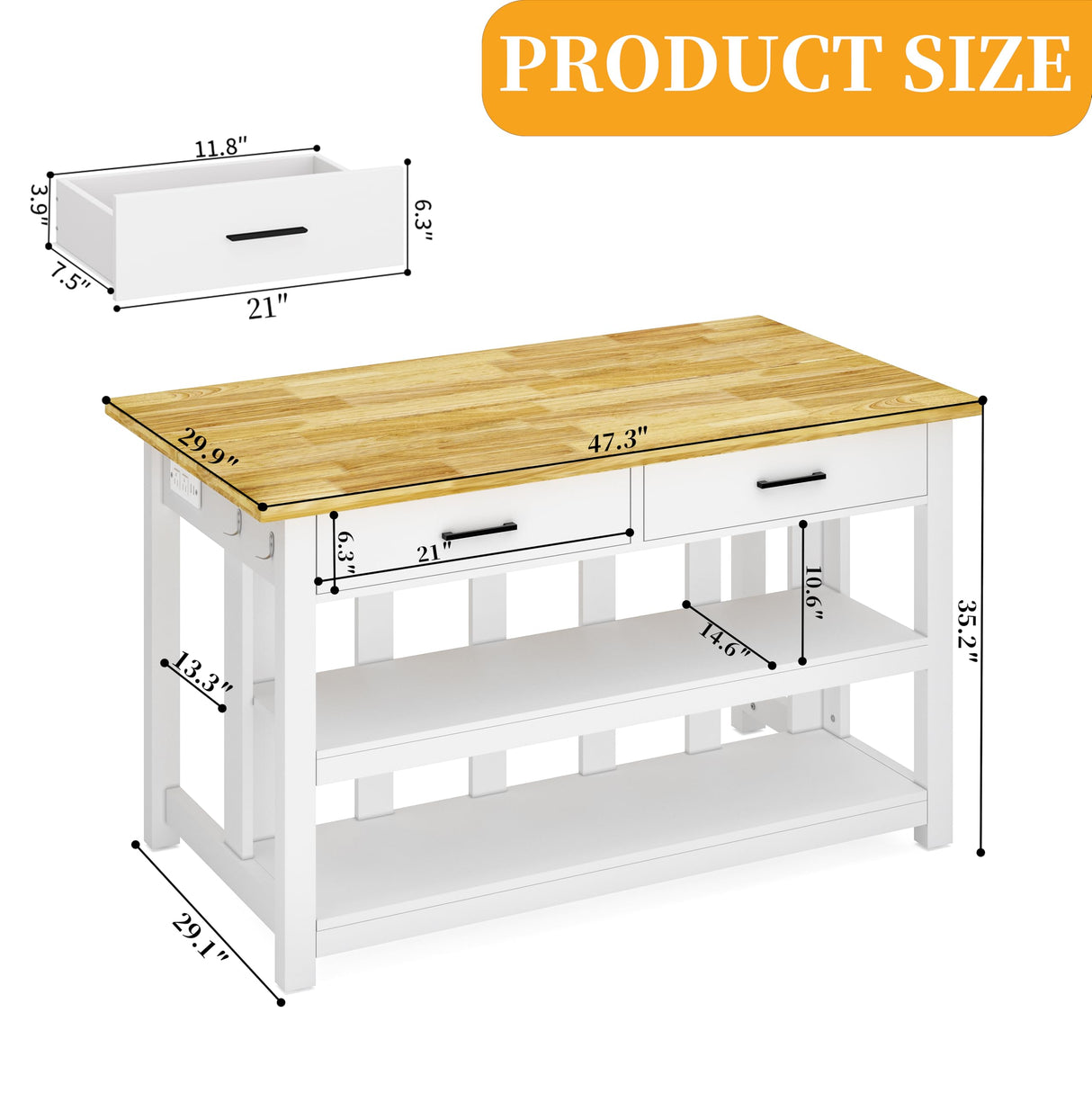 47.3" Solid Rubberwood Kitchen Island with Power Outlets - Extra Large Work Surface, 2 Drawers & Open Shelves Storage Cabinet for Kitchen Dining Room, Farmhouse Style (White) DynJest