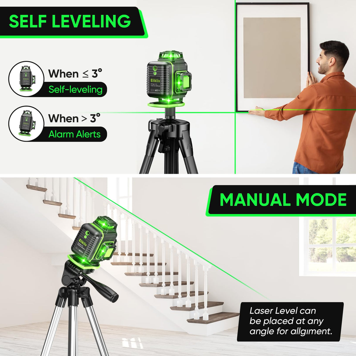 Laser Level 360 Self Leveling with Tripod, Elikliv 4D Laser Level, 165Ft Green Laser Level Lines Tool, 4x360° Cross Line Laser for Construction, Floor Elikliv