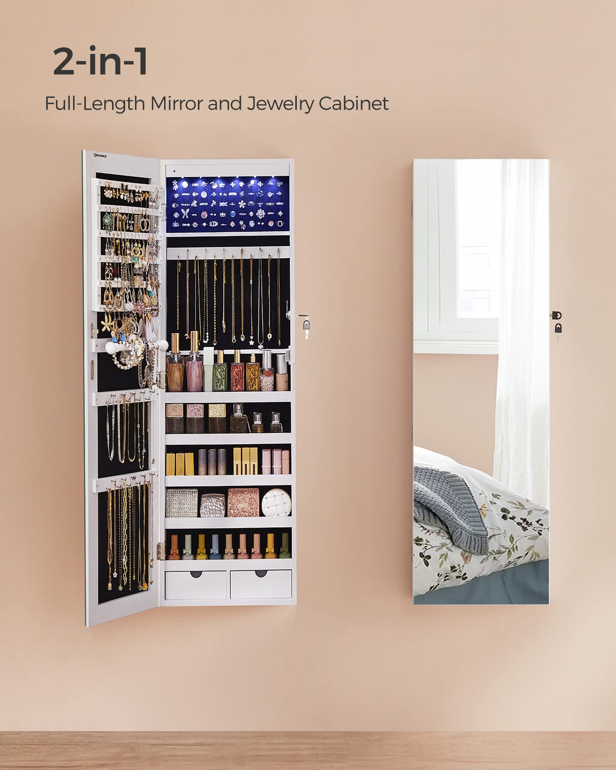 SONGMICS Hanging Jewelry Cabinet, Wall-Mounted Cabinet with LED Interior Lights, Door-Mounted Jewelry Organizer, Full-Length Mirror, Gift Idea, White UJJC99WT SONGMICS