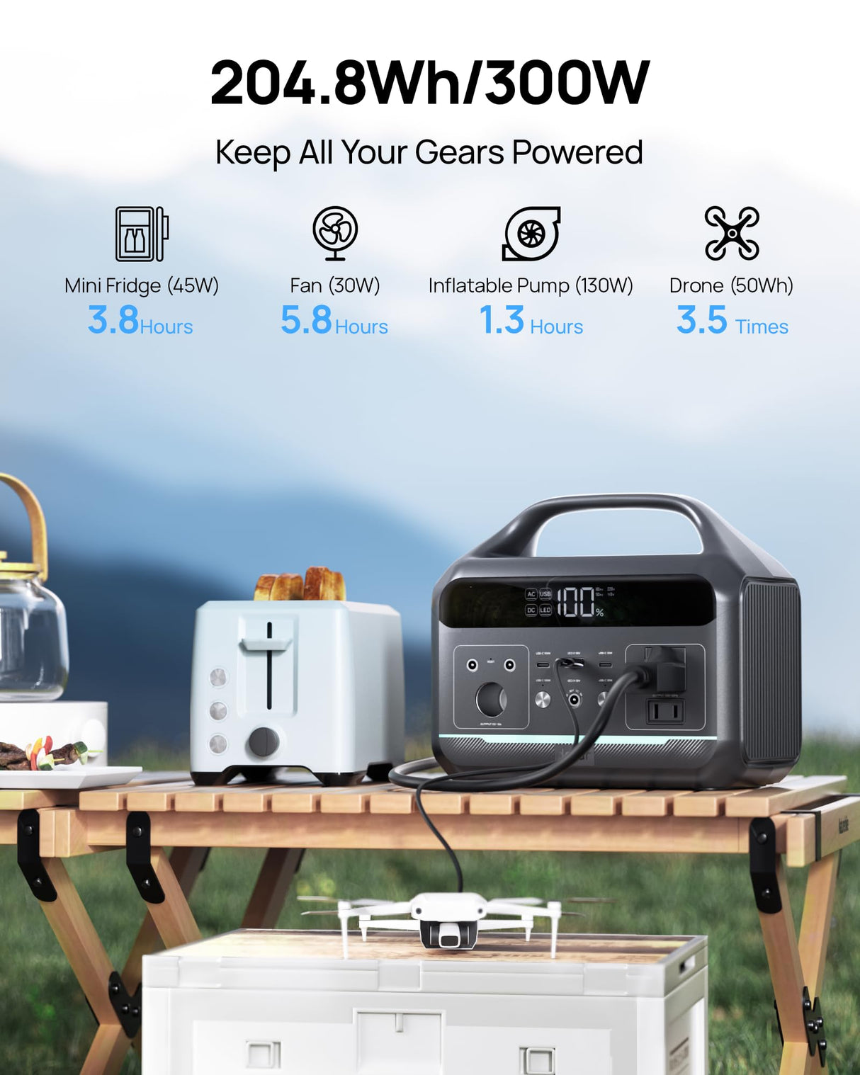 DaranEner Portable Power Station, 204Wh LiFePO4 Battery Backup w/ 2 300W (Surge 600W) AC Outlets, PD100W Fast Charging Outlet, Solar Generator for Outdoors Camping Travelling and Emergencies DaranEner