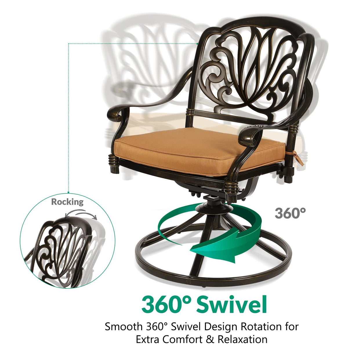 VIVIJASON 5-Piece Outdoor Patio Dining Set, All-Weather Cast Aluminum Conversation Set, Patio Furniture Set for Balcony Lawn Garden, Include 4 Swivel Dining Chairs, a 35.4" Round Table w/Umbrella Hole VIVIJASON