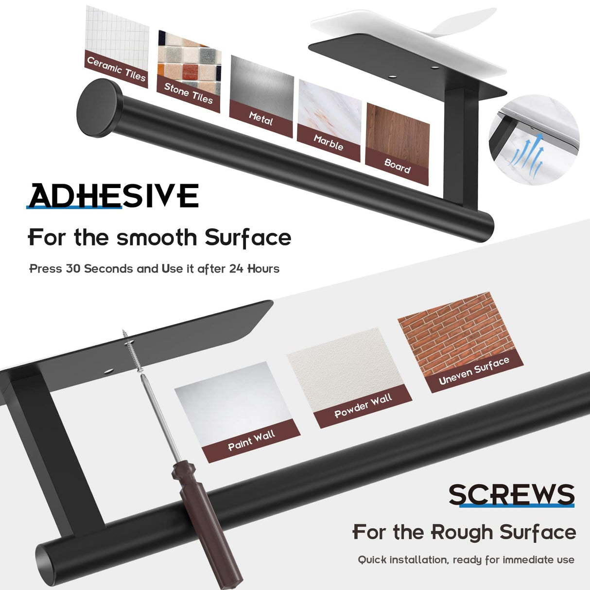 ASTOFLI Paper Towel Holder Under Cabinet, Self Adhesive and Drilling Paper Towel Holder Wall Mount for Kitchen, Black Paper Towel Holder SUS304 Stainless Steel ASTOFLI