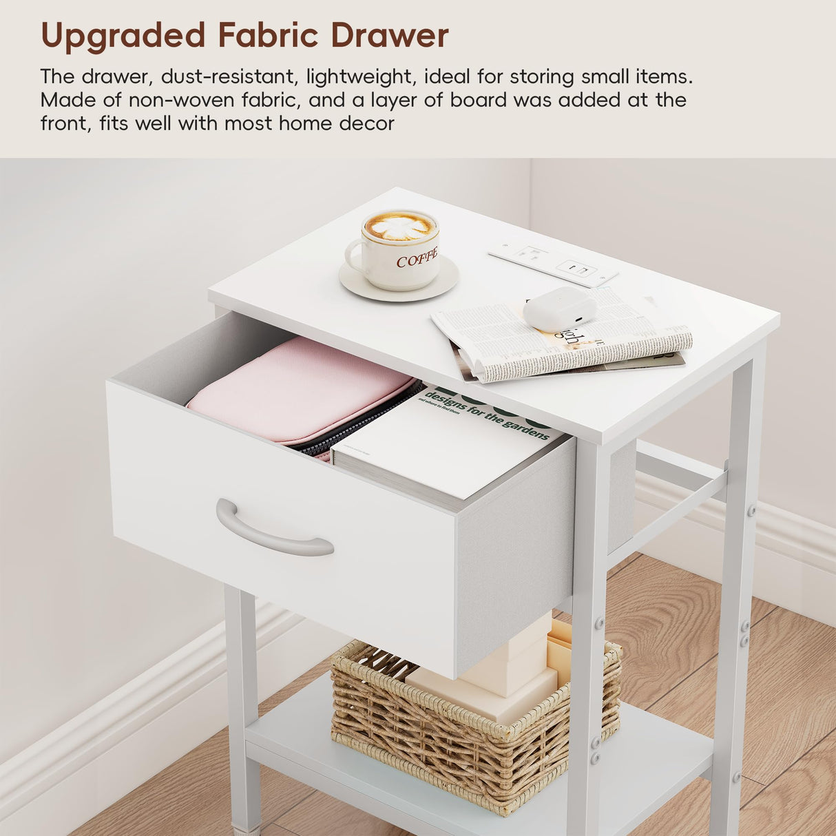 Vagusicc White Nightstand Set of 2 with Charging Station, Bed Side Table with Fabric Drawer, Small End Table with 2-Tier Storage Shelves, 25.4" Tall Bedside Table, Night Stand for Bedroom, Living Room Vagusicc