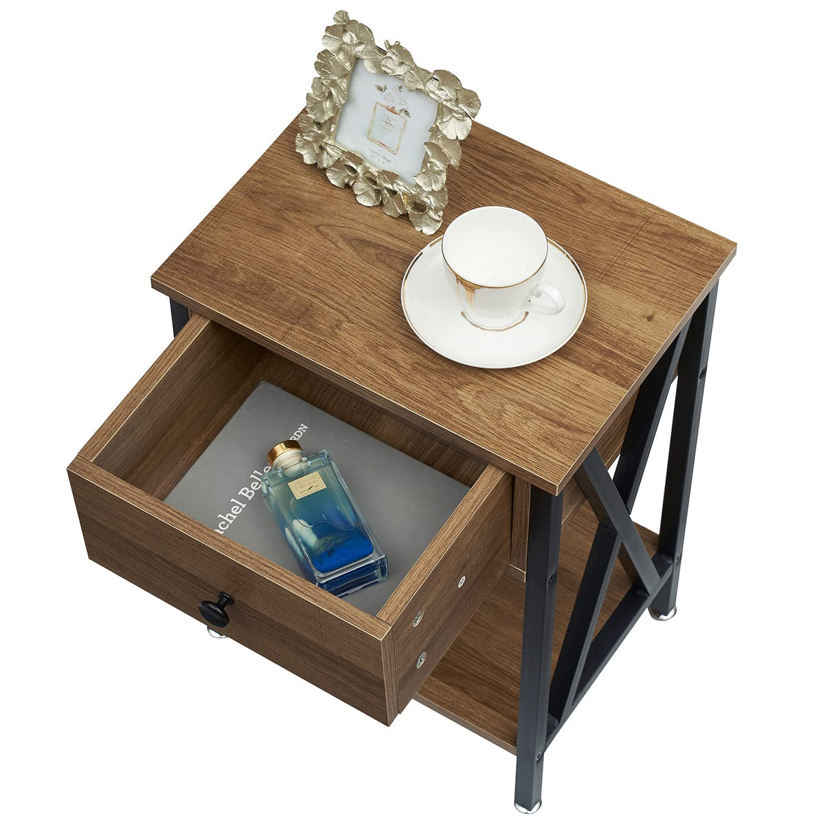 VECELO Nightstands Set of 2, Modern Bedside End Tables, Night Stands with Drawer and Storage Shelf for Living Room Bedroom, Industrial Metal Frame, Walnut Brown VECELO