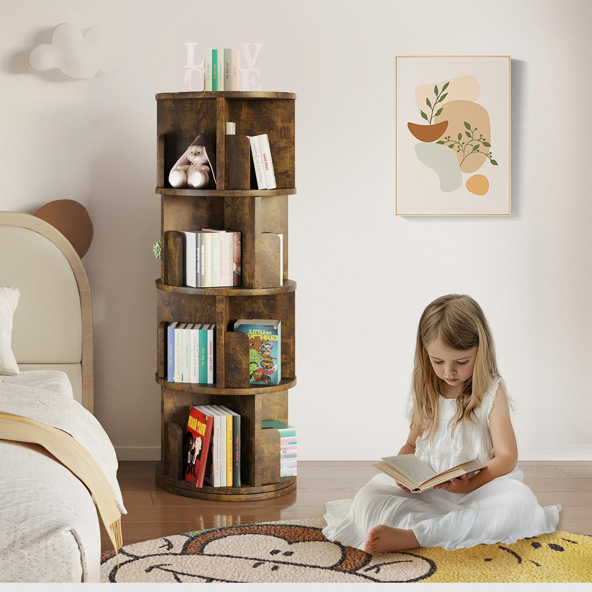 oneinmil Rotating Bookshelf, 360° Rotating Bookcase for Small Space, Corner Bookcase for Bedroom, Living Room, Study Room, 4 Tier, Brown oneinmil