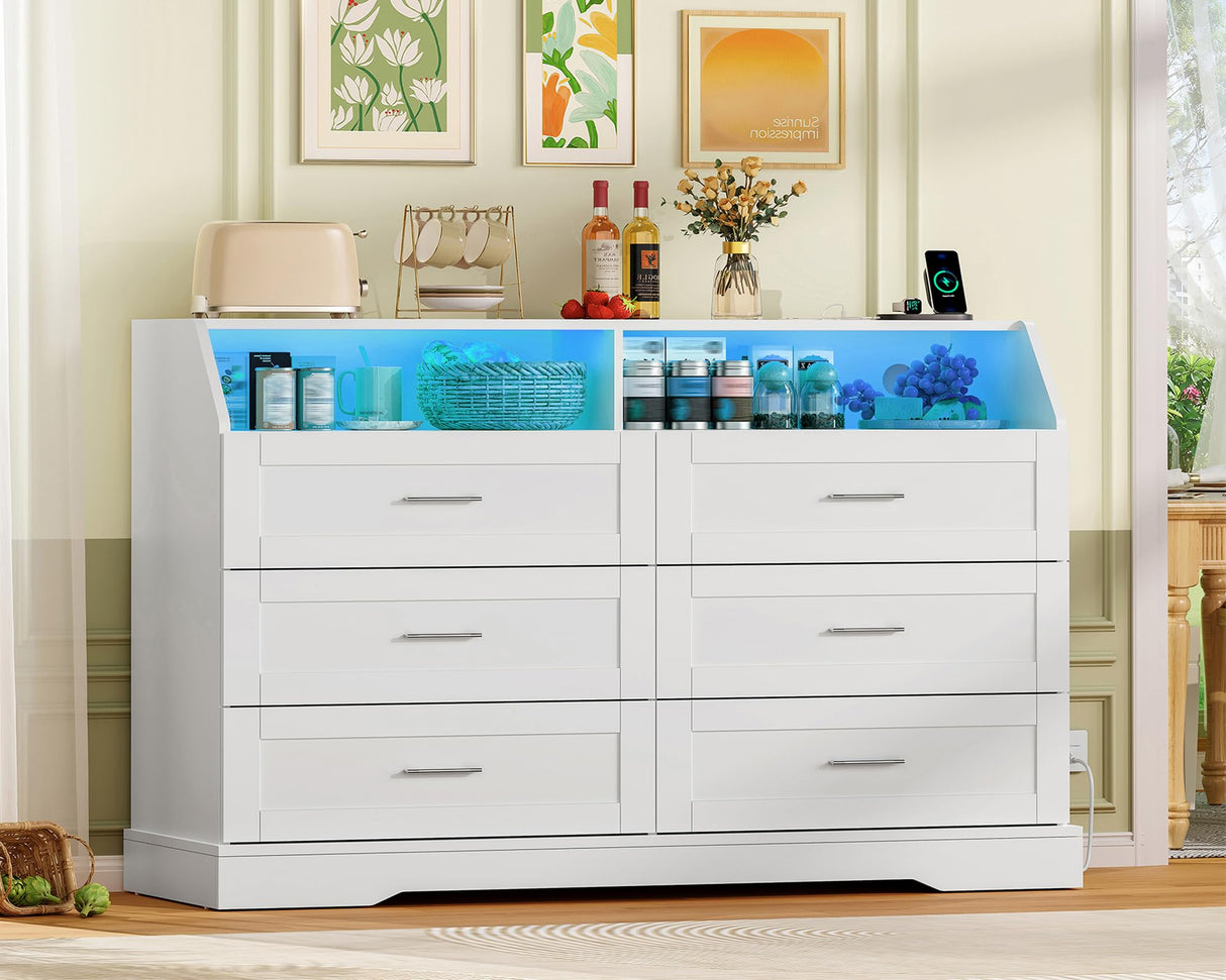 TEENFON 46.5'' Wide White Dresser for Bedroom, 6 Drawer Dresser with Charging Station & LED Lights, Closet Organizer for Bedroom, White TEENFON