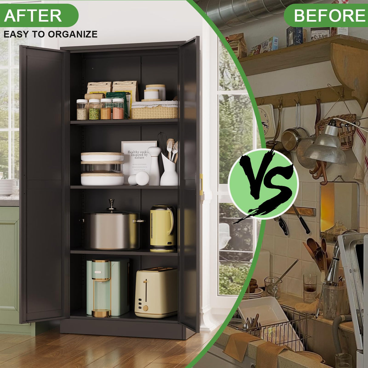 60''metal storage room cabinet, black unique look, freestanding storage room cabinet, storage cabinet with door and 4 adjustable shelves, can be used in office, garage, bedroom, kitchen TIMELESS PIECES