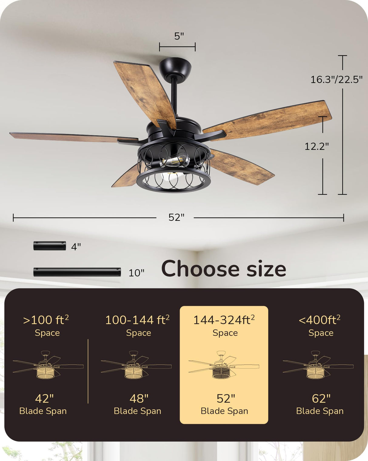 EDISHINE 52 Inch Farmhouse Ceiling Fans with Lights, Rustic Ceiling Fan with Light and Remote, 5 Wooden Blades Lighting & Ceiling Fans with Timer, 6 Speeds Reversible DC Motor for Bedroom Patio Porch EDISHINE