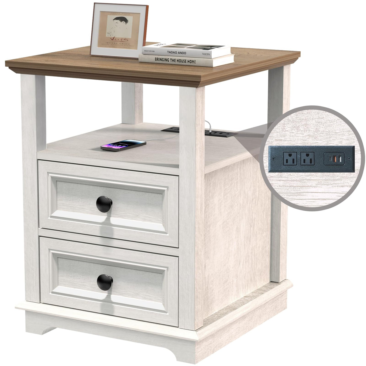 REDAYFUR End Table with Fast USB C Charging Station, 24” Tall Sofa Side Table with 2 Drawers, Large Storage Rustic Wood Square Storage Cabinet for Living Room,Bedroom,Office, White REDAYFUR