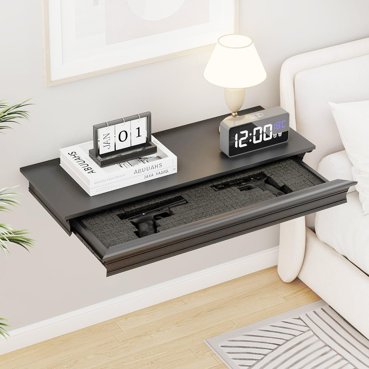 Eylar Intact Secret Home Decor with Hidden Storage, Floating Night Stand with Gun Drawer, Space-Saving Gun Shelf for Bedroom, Hallway, Office, Solid Wood (Black) Eylar