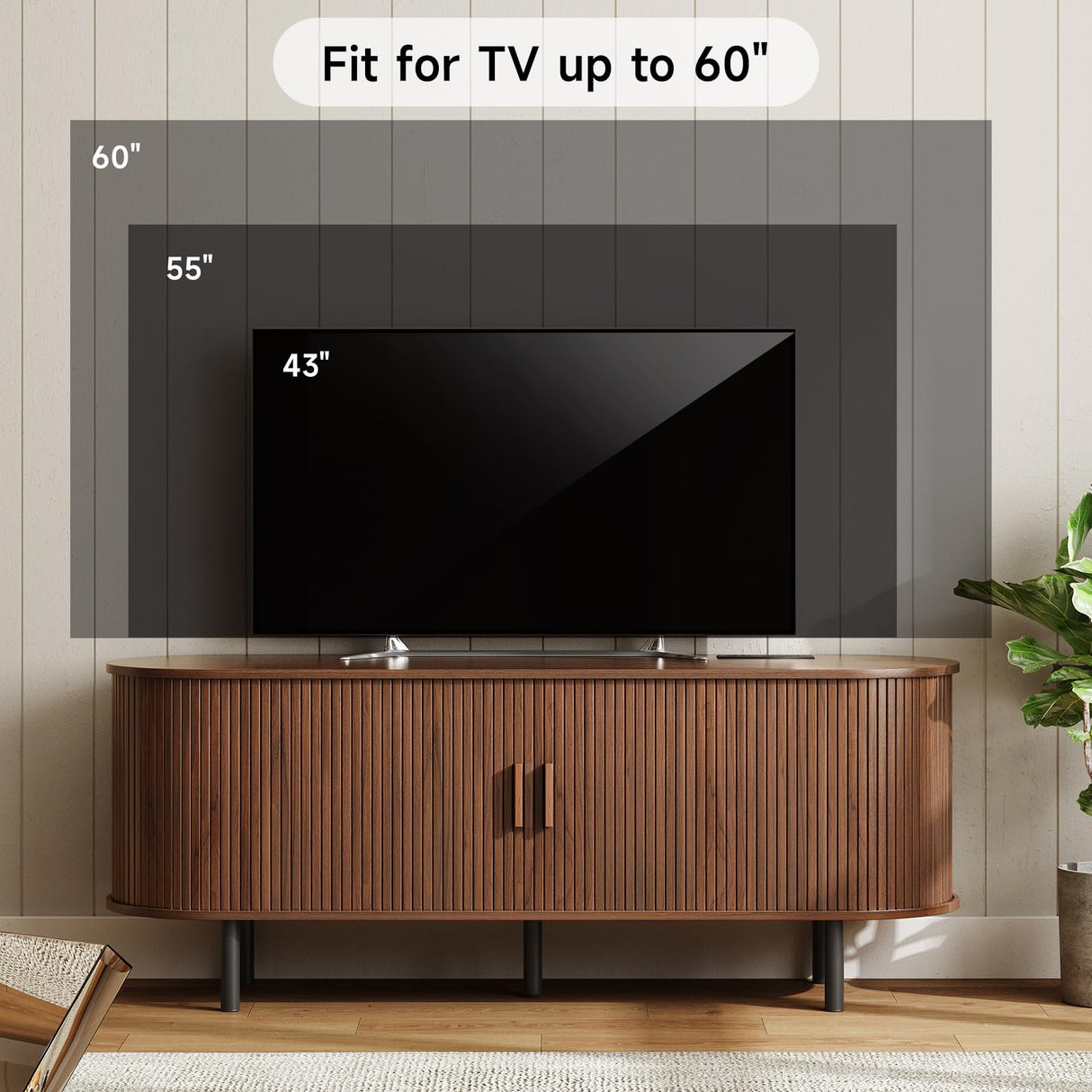 ONBRILL 55" TV Stand with Power Outlet for TVs up to 60 Inch, Entertainment Center with Storage and Adjustable Shelves, Modern Media Console with Sliding Doors for Living Room, Walnut ONBRILL