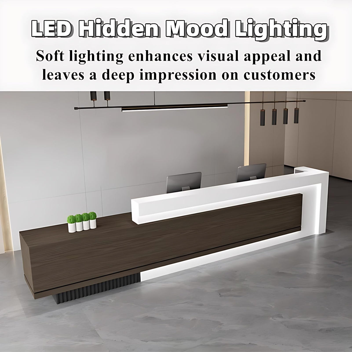 Reception Desk - Modern Design Front Desk with Hidden LED Lighting, Spacious Checkout Counter and Retail Counter Features, Solid Wood Construction, No Assembly Required (White & Wood, 84") ZGNBSD