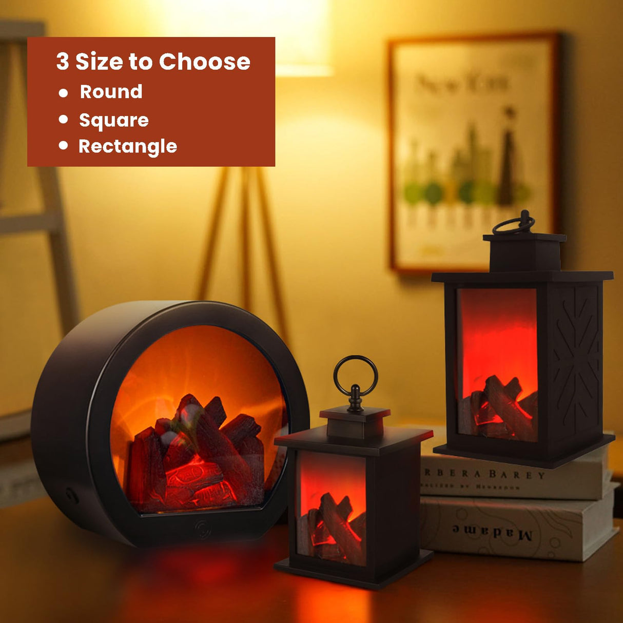 Ragyzity Decorative Flameless Portable LED Lanterns, Fireplace Light with LED Simulation Log Flame Effect, Touch Switch Simulation Flame for Home Christmas Decor Ragyzity
