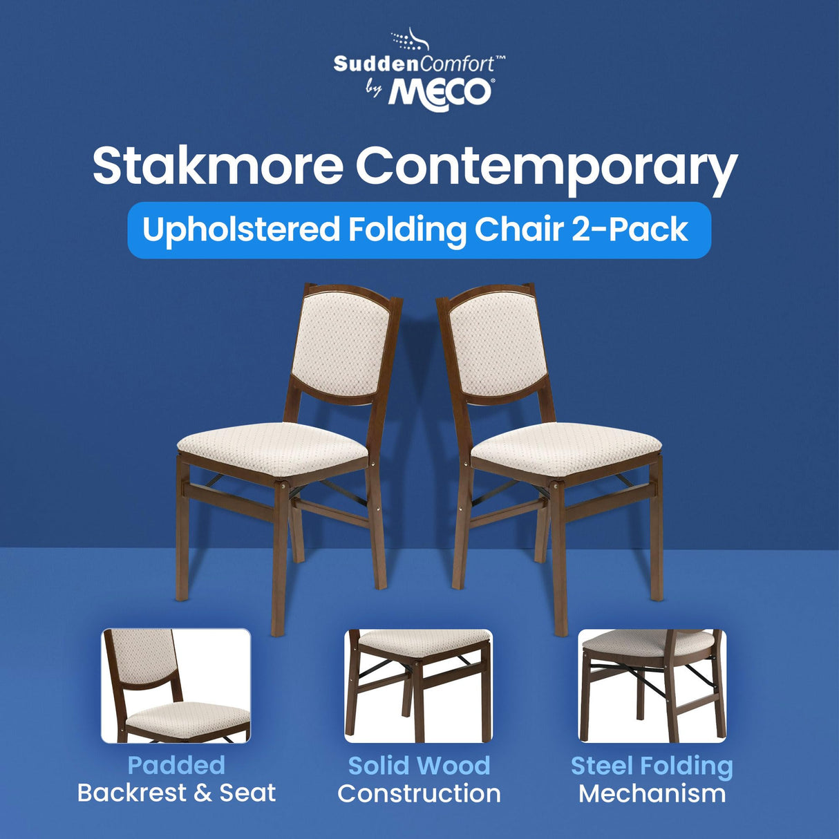MECO Stakmore Contemporary Premium Solid Wood Dining Compact Folding Chair Set with Fabric Padded Upholstered Seat, Fruitwood, Set of 4 MECO
