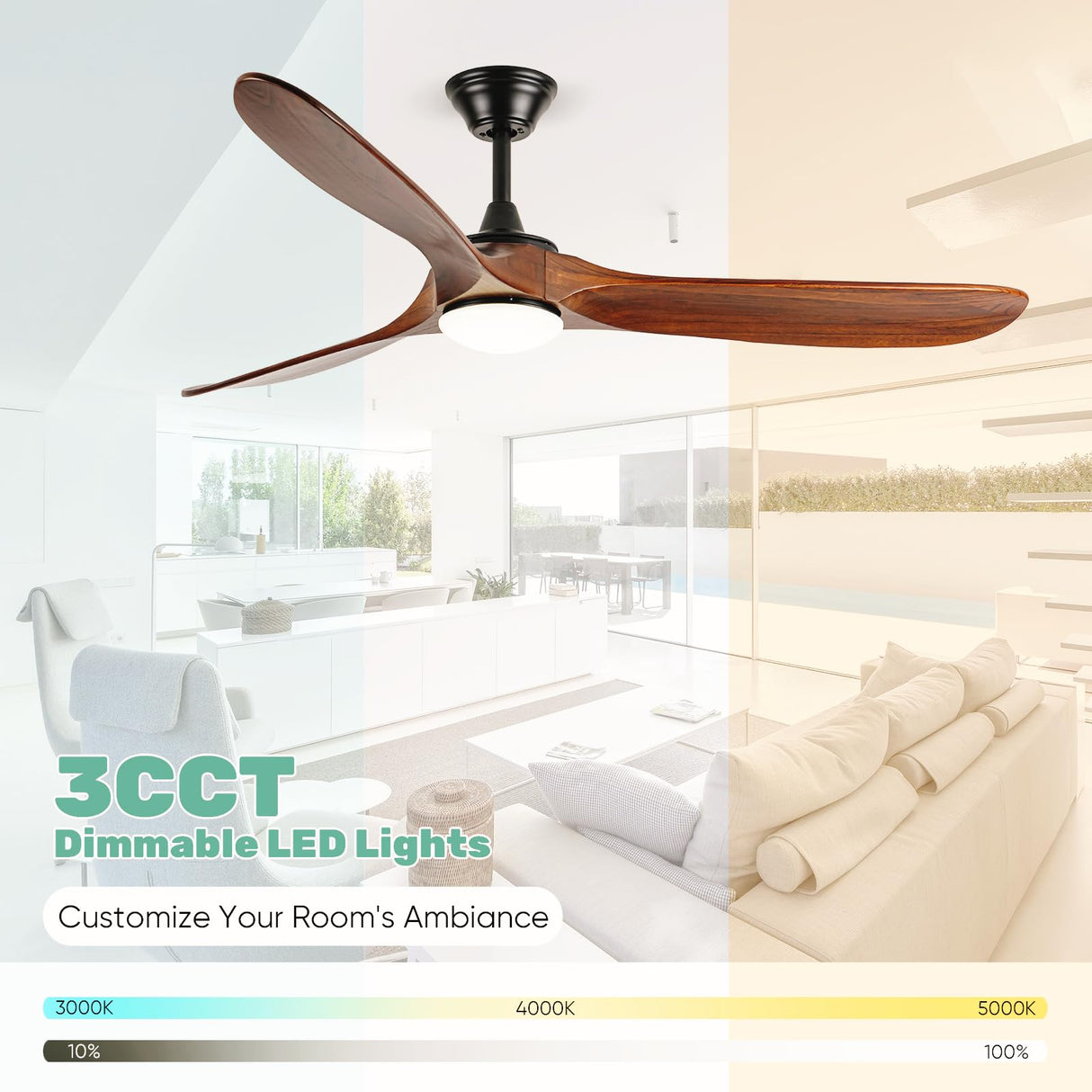 Savey'Sley Ceiling Fan with Lights and Remote, 60 Inch Indoor/Outdoor Modern Wood Led Ceiling Fan With Lights for Porch Bedroom Living Room, Noiseless, Reversible DC Motor, Dimmable 3CCT, Tri-Mount Savey'Sley