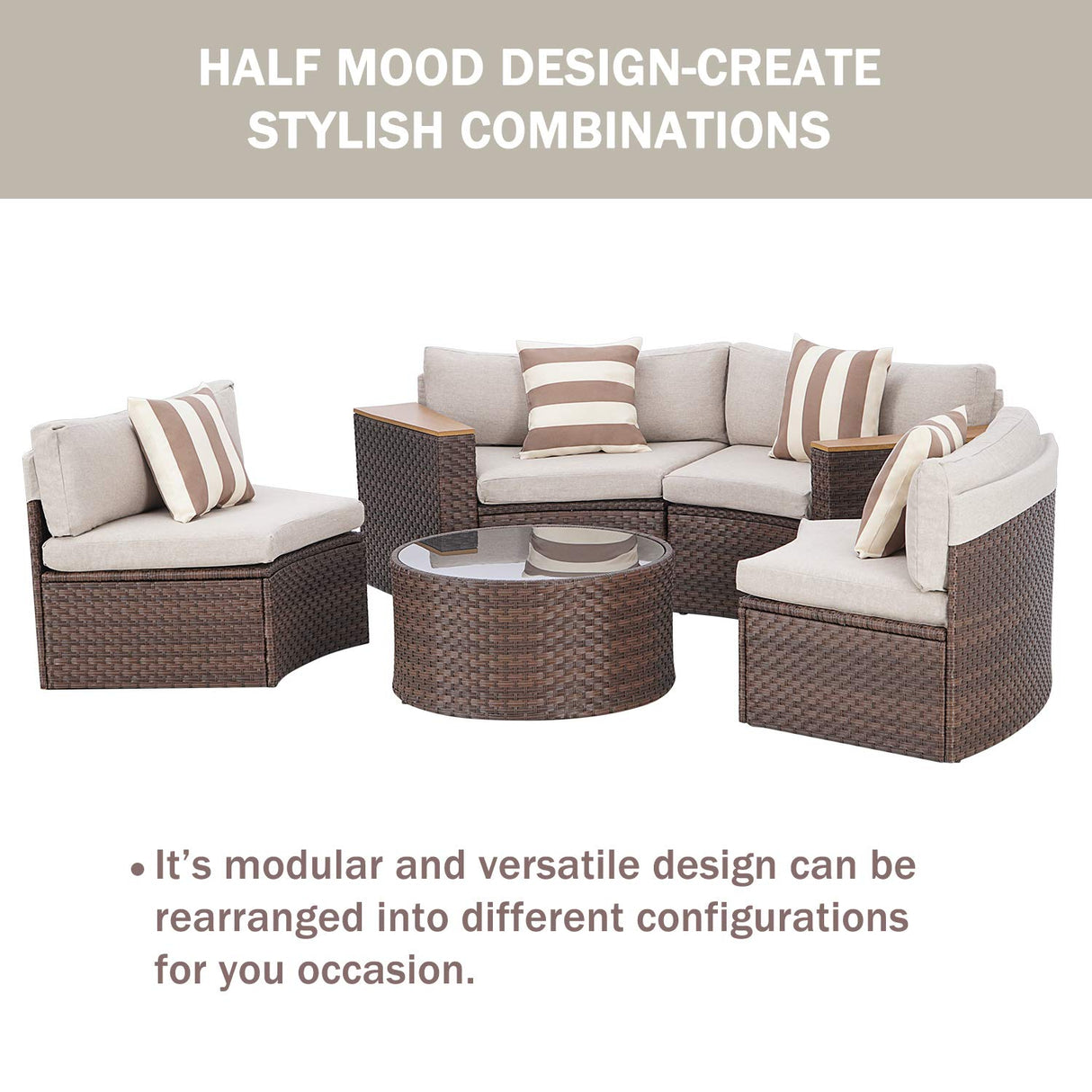 SUNCROWN Outdoor Round Sofa 5-Piece Patio Half-Moon Sectional Sets All Weather Wicker Conversation Furniture with Round Table and Thick Cushion (Light Brown) SUNCROWN