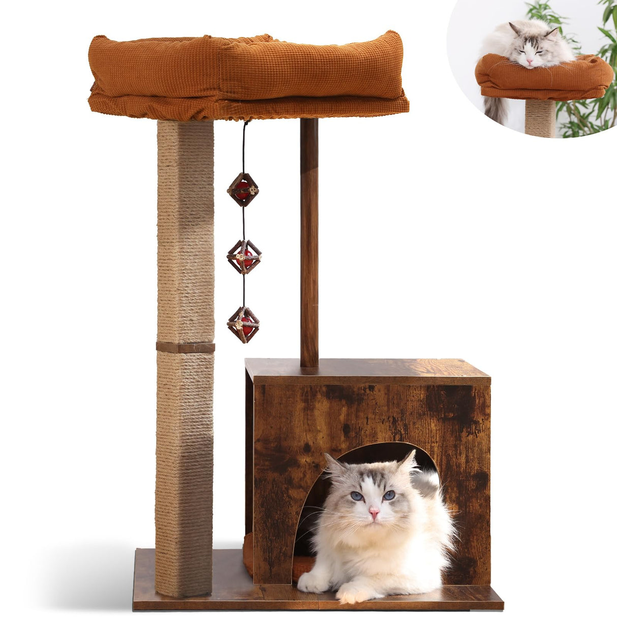 FUKUMARU Cat Scratching Post, Modern Style Cat Tree with Unique Square Post, Wooden Cat Tower with silvervine Balls, Retro Cat Condo Scratcher for Indoor Cats(Solid Wood) FUKUMARU