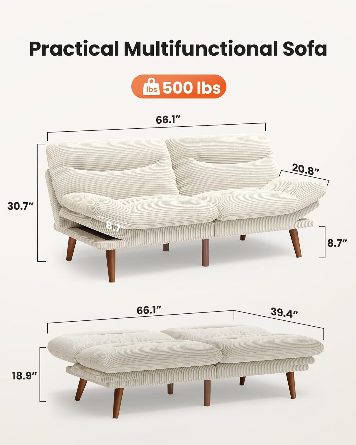 AMADA HOMEFURNISHING Futon Sofa Bed with Adjustable Backrest & Armrests, Convertible Futon Sofa Couch for Small Spaces, Living Room or Office, Corduroy Futon Sofa Bed(White) AMADA HOMEFURNISHING