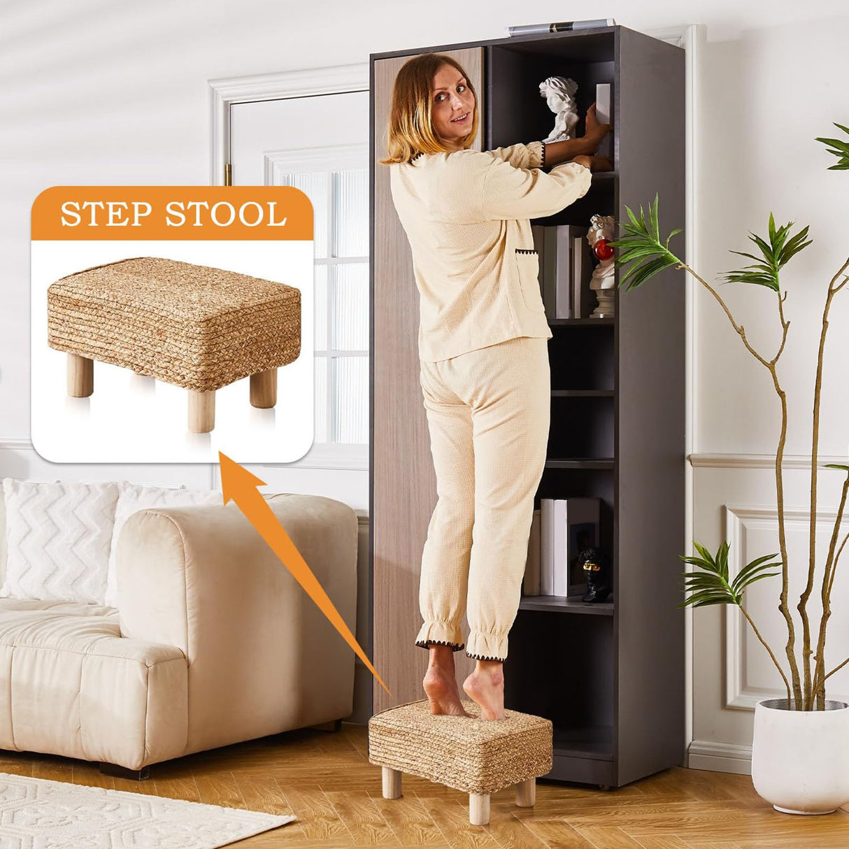 Wimarsbon Natural Seagrass Footstool Ottoman Rectangular Footrest Pouf Ottomans with Wooden Legs Hand Weave Step Stool for Living Room Bedroom Entryway Natural Wimarsbon