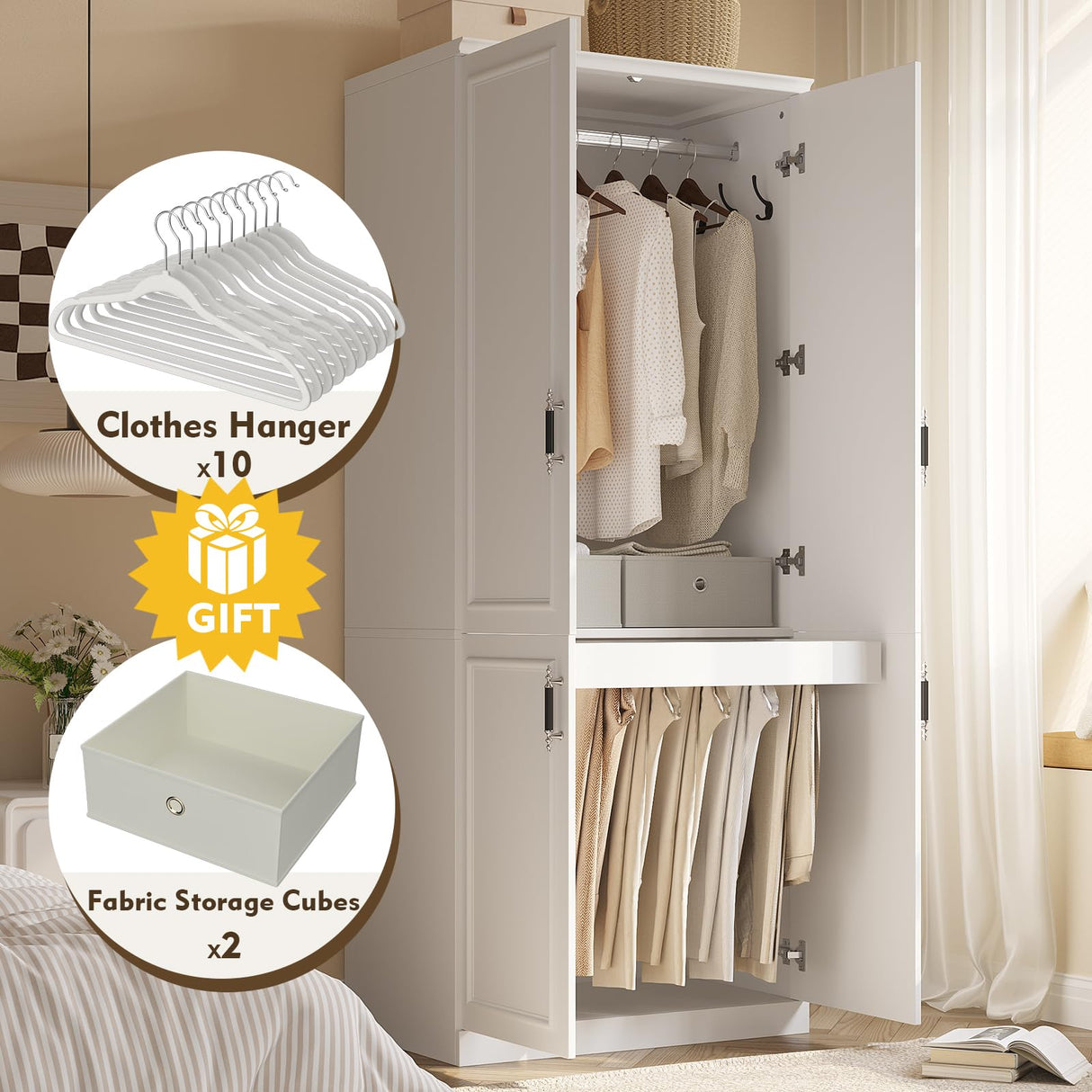 MEISSALIVVE Armoire Wardrobe Closet with 4 Door, 74.8" Large Wardrobe Cabinet with Hanging Rod, Freestanding Modern Bedroom Armoire Storage Cabinet, White MEISSALIVVE