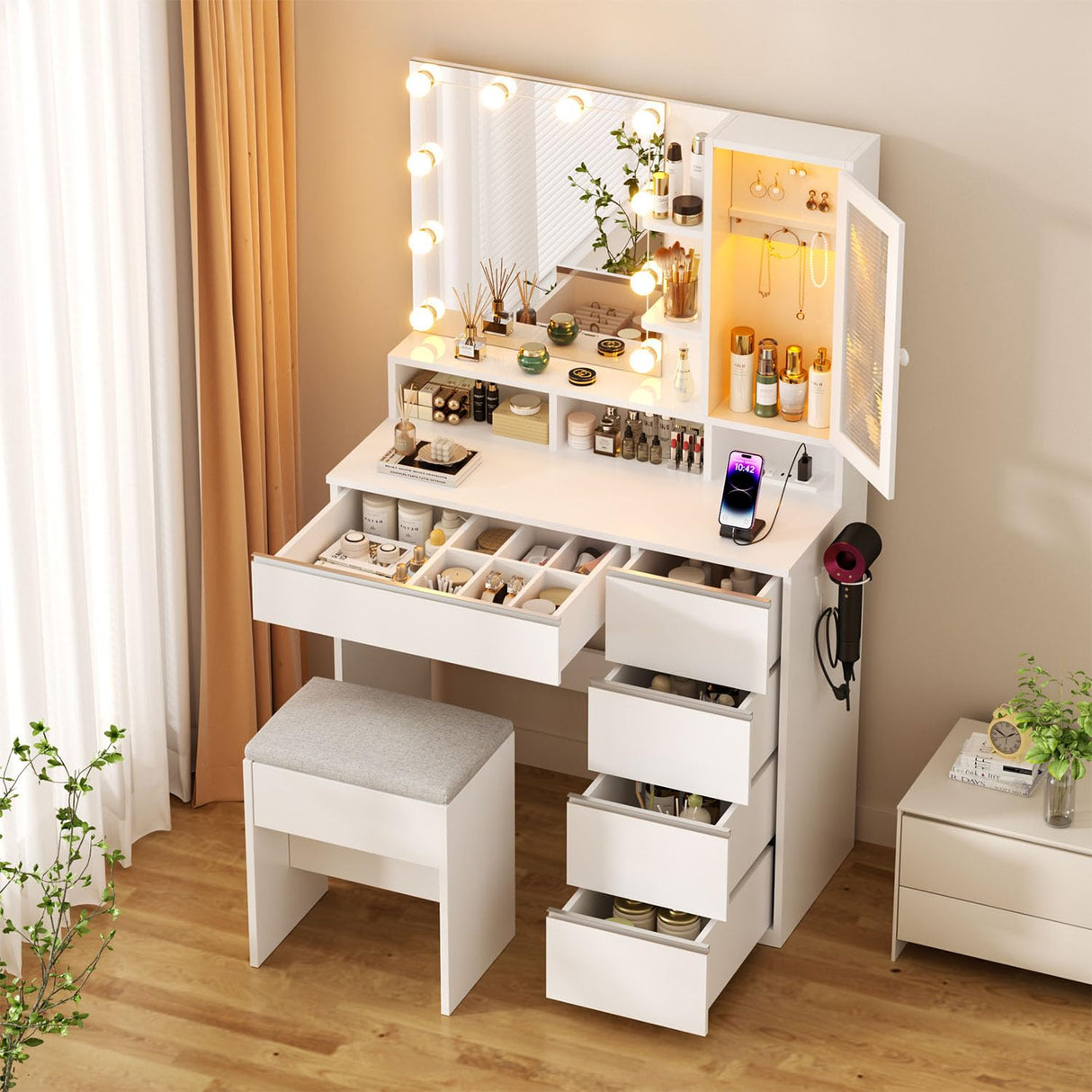 ERLEJIA Vanity, Vanity with Mirror and Lights, 35.43" Makeup Vanity Desk with Stool and Power Strip, Dressing Table with 6 Drawers and 6 Open Shelves with RGB LED Lighting Cabinet, White ERLEJIA