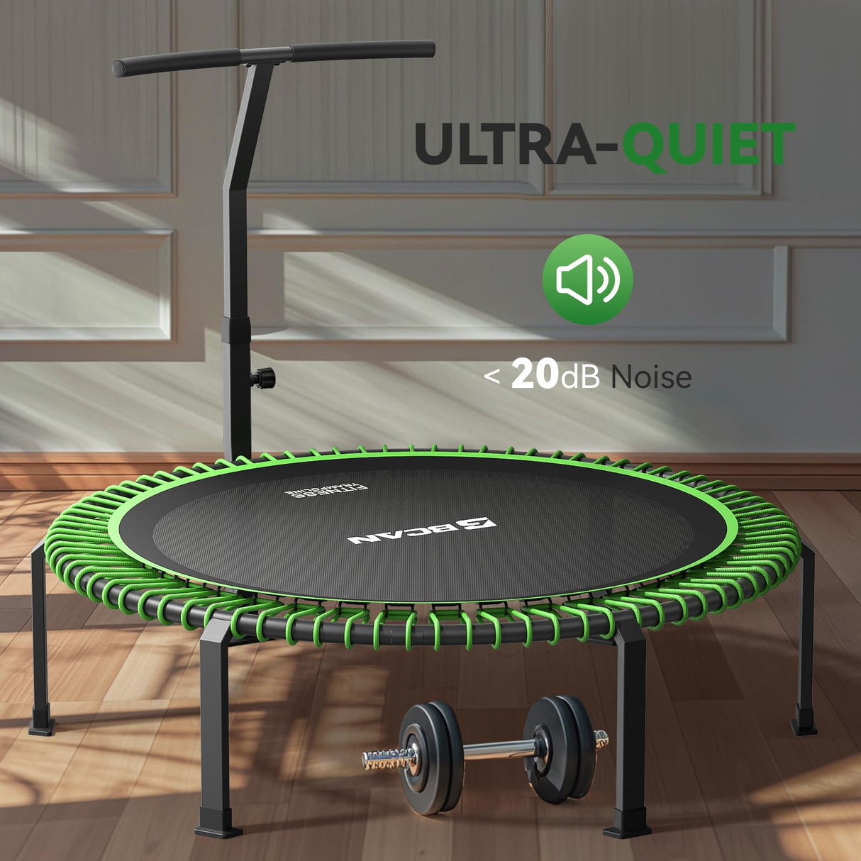 BCAN 560 LBS Soft Land Mini Trampoline, 48" Fitness Trampoline, 1 Sets of Bungees, T Shape Adjustable Foam Handle, Stable, Quiet Exercise Rebounder for Kids Adults Indoor/Garden Workout-48IN-1-GREEN BCAN