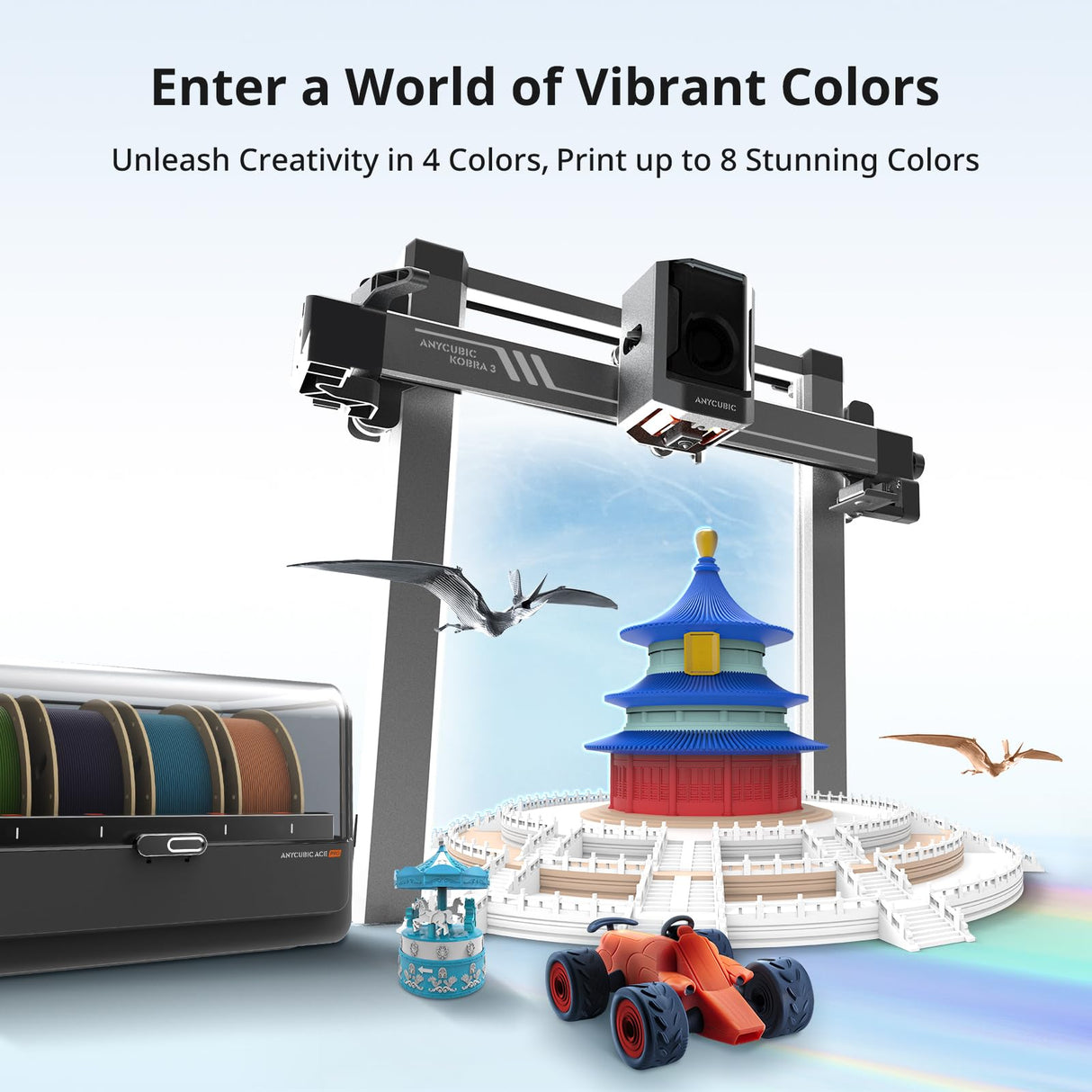 Anycubic Kobra 3 Combo Without Filament, Multicolor 3D Printer Smart Print in 4 Colors with Anycubic ACE Pro, Max 600mm/s Speed 4.3-inch Adjustable Screen, Filament Drying at All Times, 250x250x260mm ANYCUBIC