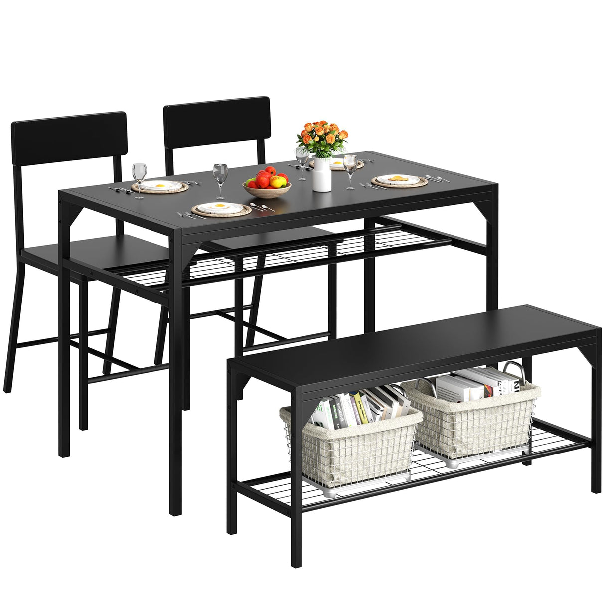 Shintenchi Kitchen Table Chairs Set of 4, Dining Table Set for 4 with Bench and Chairs, 4 Pieces Kitchen Table Set with Storage Rack & Metal Frame for Small Space, Black Shintenchi
