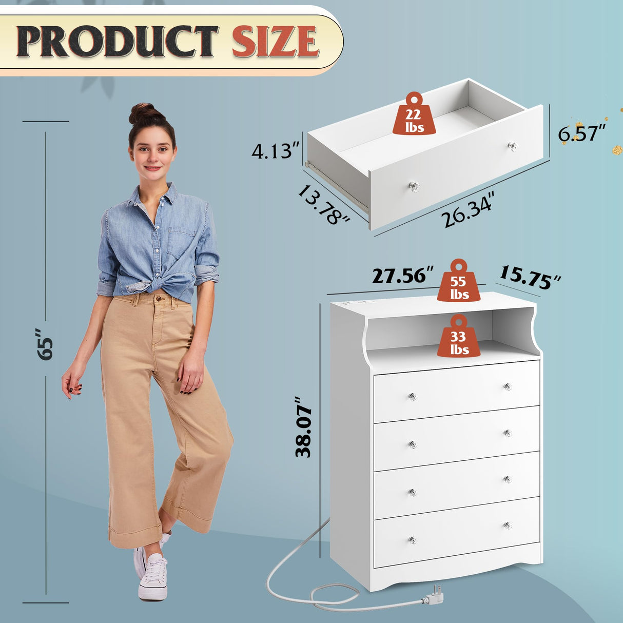 WLIVE White LED Dresser for Bedroom, Tall Wood Dresser with 4 Drawers and Open Shelf, Chest of Drawers with Charging Station and LED Lights for Living Room, Hallway, Closet WLIVE