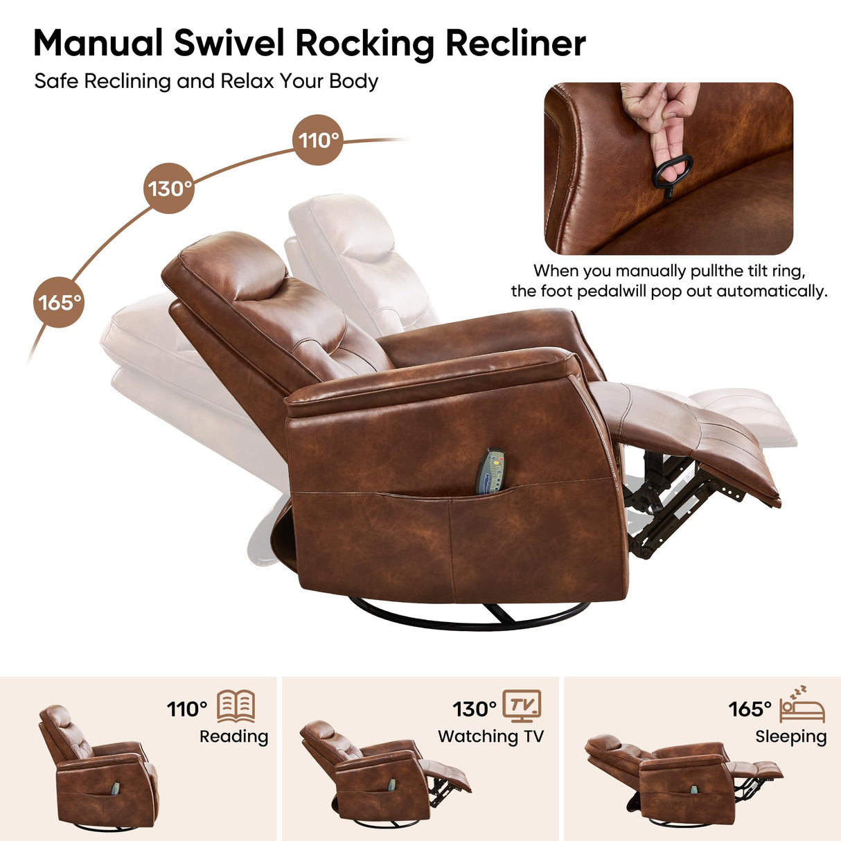 choairy Massage Rocker Recliner Chair, Oversized Manual Glider Rocking Recliners, Reclining Chair with Massage and Heat, Faux Leather Nursery Recliner for Living Room, Dark Brown choairy