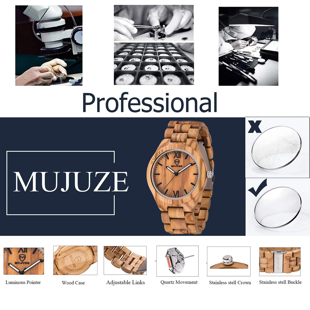 MUJUZE Wood Watch, Wooden Watch for Men, Handmade Lightweight Wooden Wrist Watches, Mens Wooden Watch, Gifts for Men MUJUZE