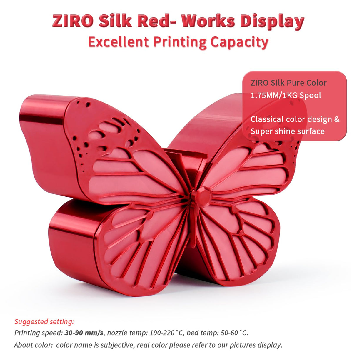 ZIRO PLA Filament 1.75mm, Shining Red 3D Printer Filament Silky, Silk 3D Printing Filament, Dimensional Accuracy +/- 0.03mm, Fit Most 3D FDM Printers Metal Metallic 1KG/2.2lb Spool ZIRO
