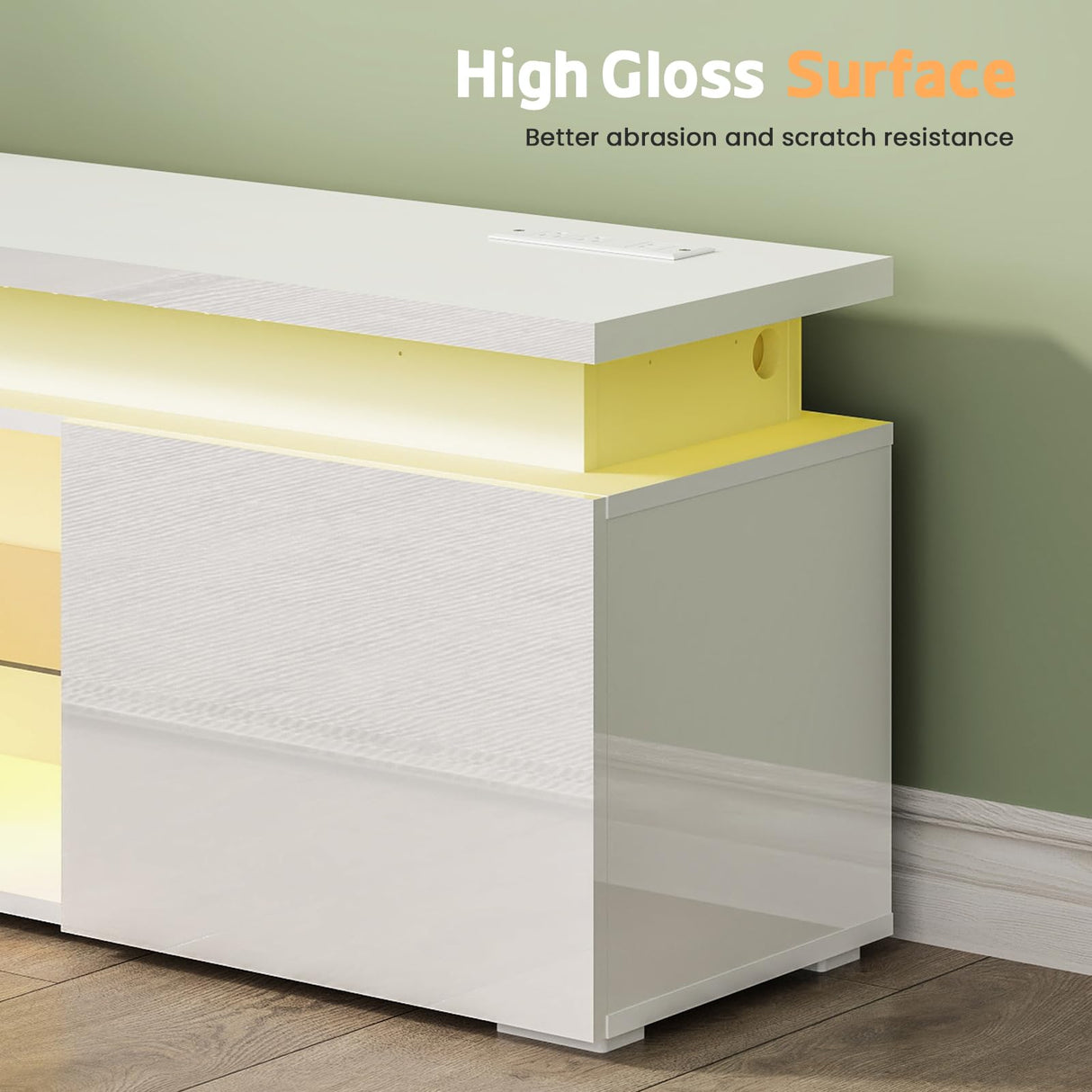 Lamtor TV-Stand for 85 Inch TV - Led TV Stand with Power Outlet, Modern Entertainment Center with Glass Shelf, High Glossy Gaming TV Media Console for Living Room, White Lamtor